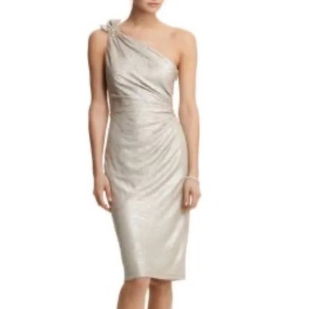 David Meister Gold Metallic One Shoulder Dress Beaded Flower Women's Size 2 - Picture 14 of 14